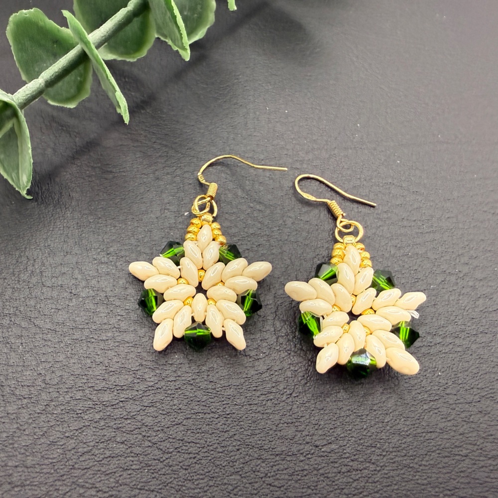 Handmade Beige and Green Beaded Star Drop Earrings
